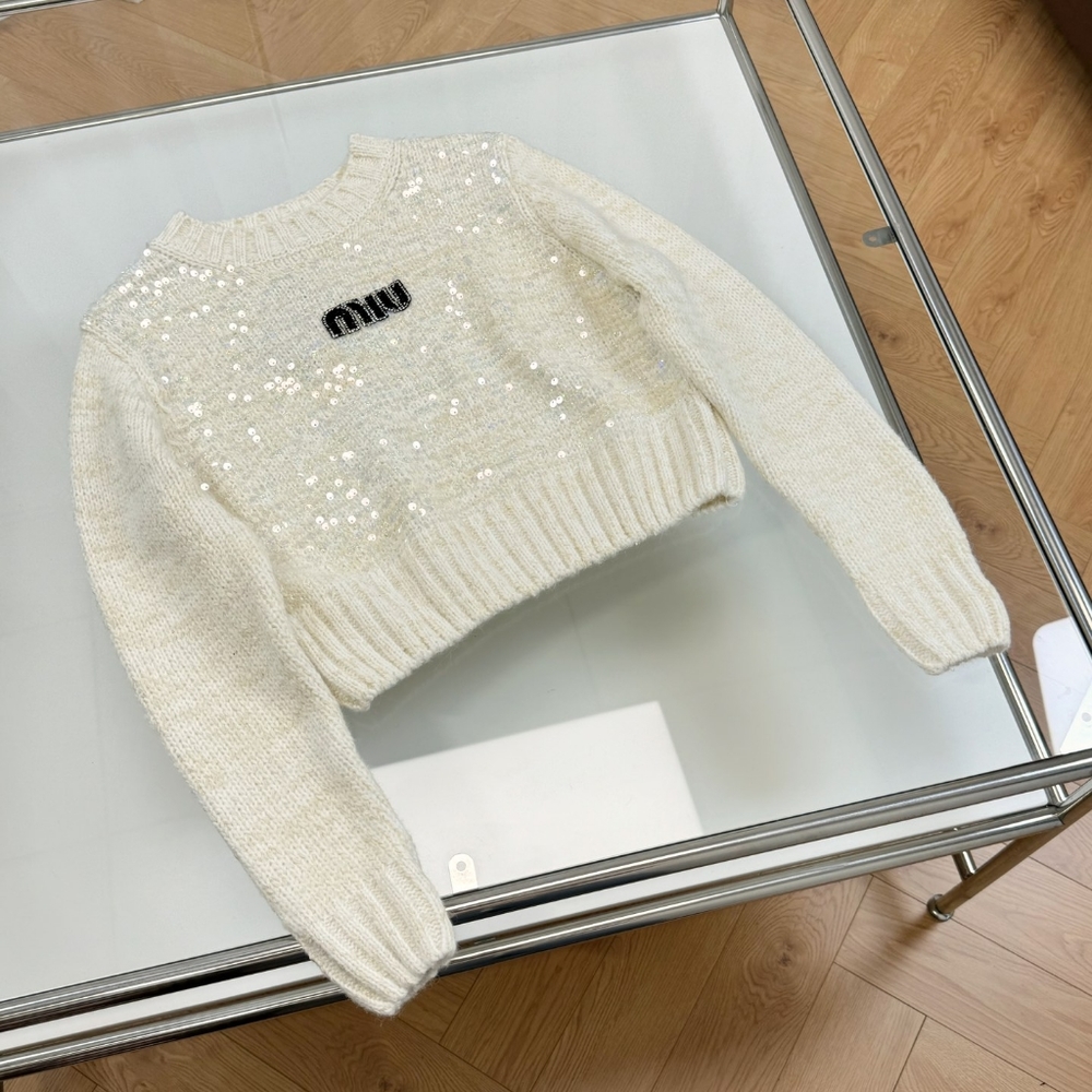 Miu miu lettered wool round neck sequined sweater